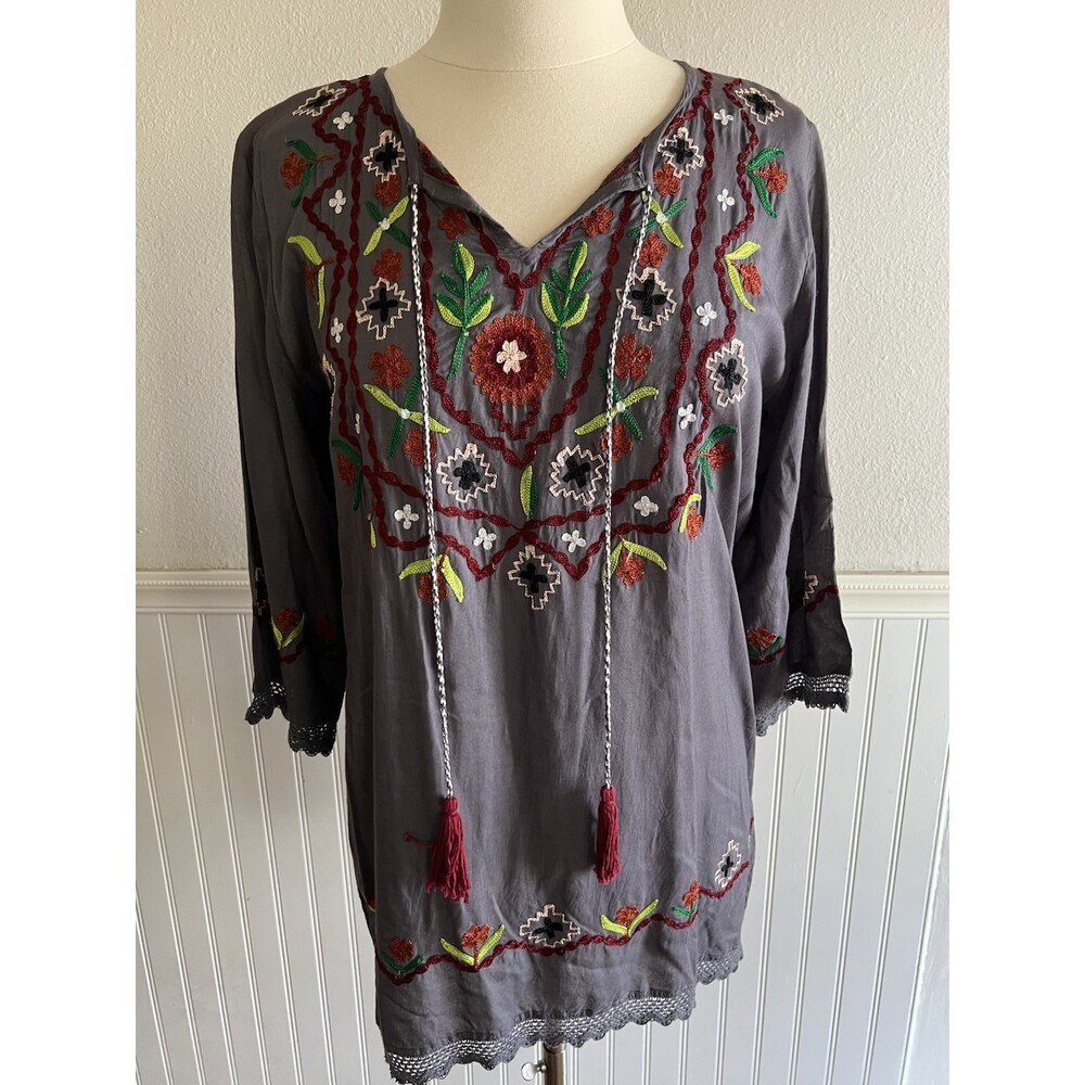 Women's Long Sleeve Tunic Blouse Embroidered Crochet Lace Boho Peasant Grey M